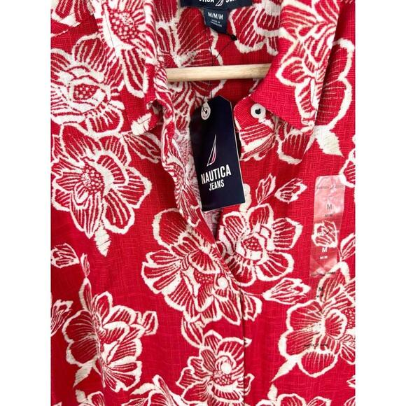 Nautica Jeans Red Floral Print Lace Trim Siesta Key Beach Shirt Size M - Picture 7 of 13